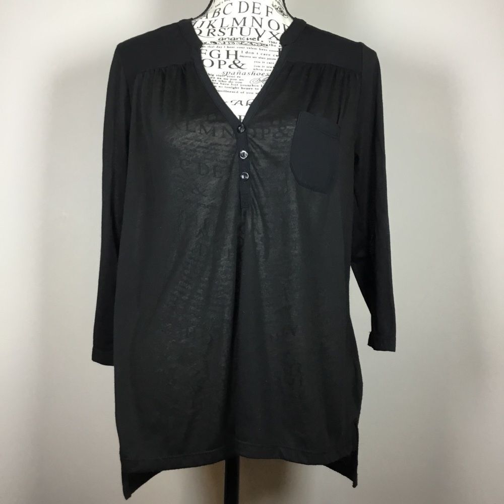 Semi sheer black 3/4 sleeve top closet staple vee neck with 3 buttons sz S
